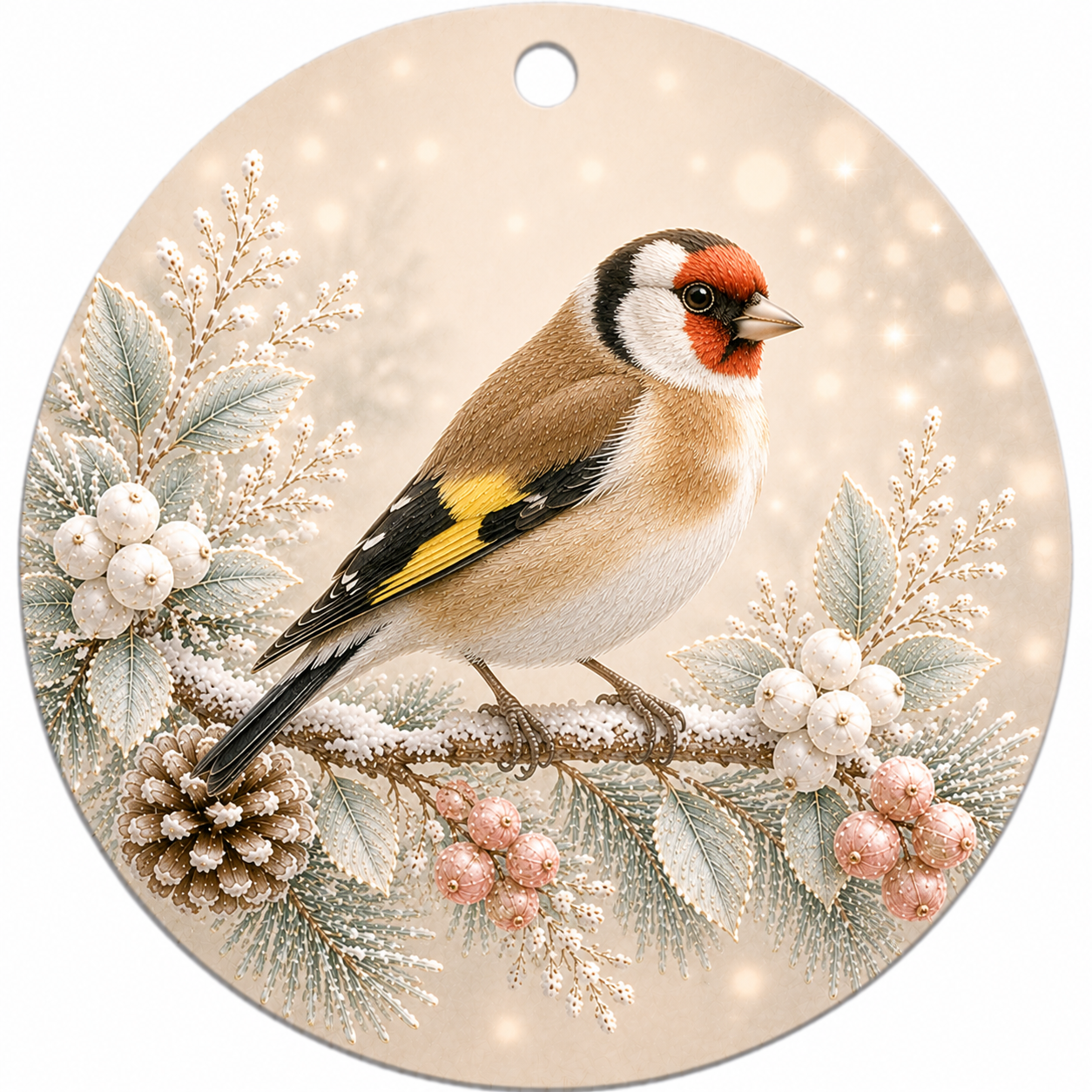 Stieglitz Keramikornament – Beidseitig bedruckter Weihnachtsbaumschmuck