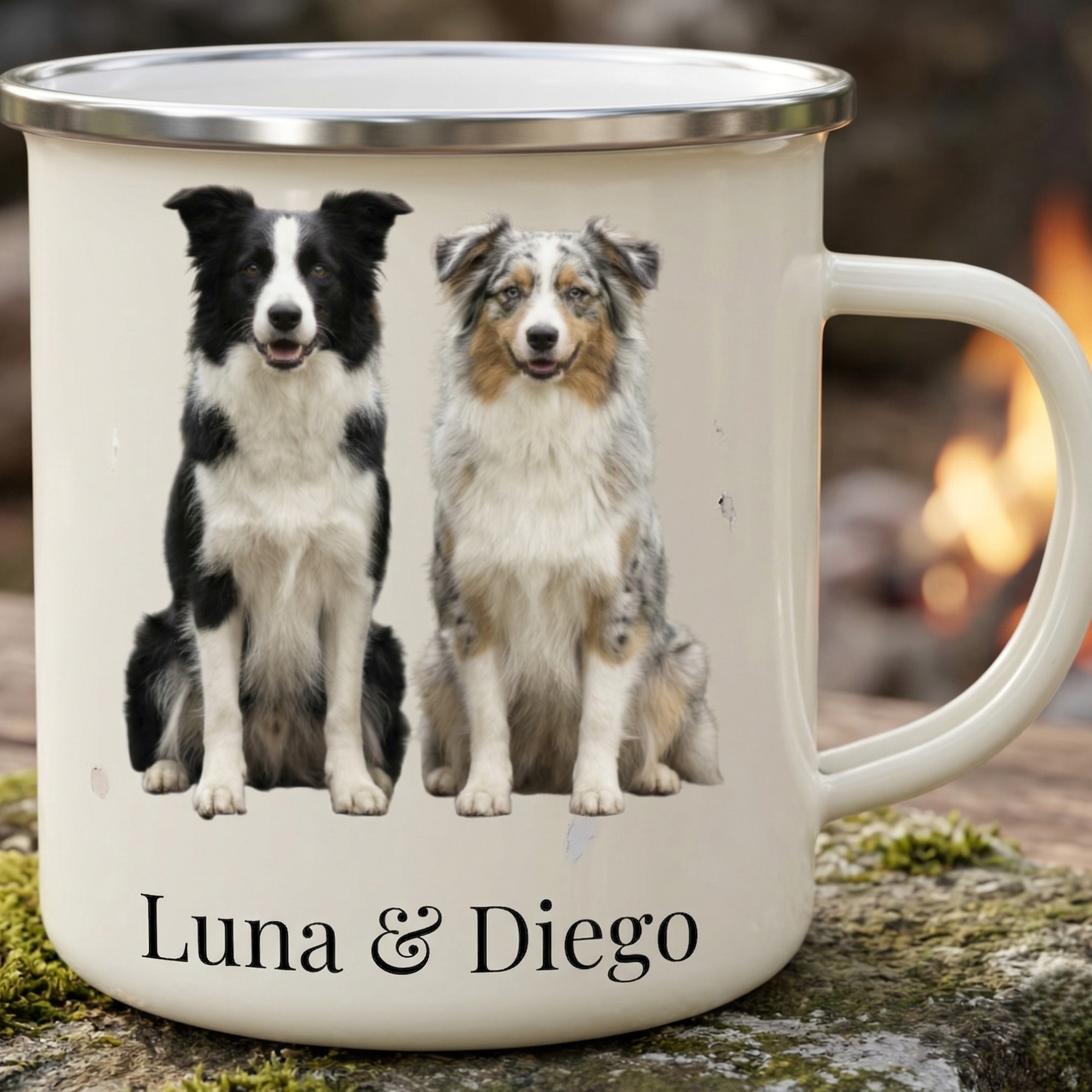 Personalisierte Emaille Tasse mit deinem Hund & Namen – Robuster Begleiter für Abenteuer & Alltag