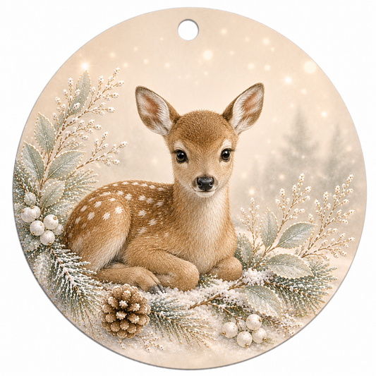 Rehkitz Keramikornament – Beidseitig bedruckter Weihnachtsbaumschmuck